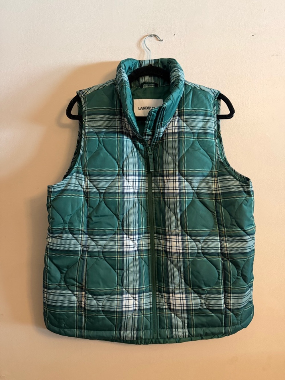 Lands' End Quilted Plaid Puffer Vest in Green